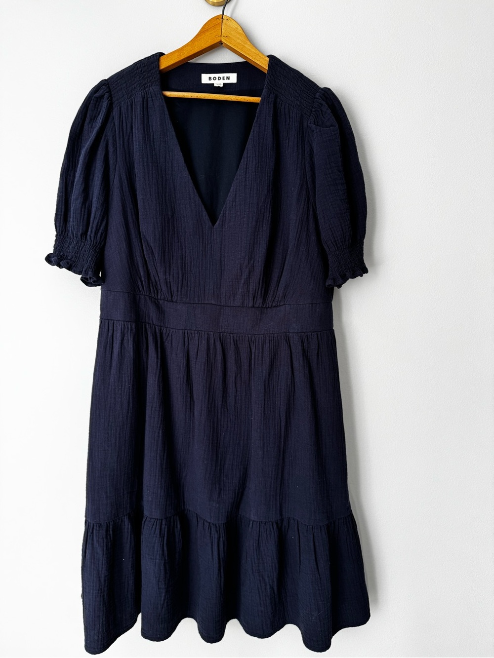 Boden Anna Double Cloth Short Dress Navy Blue V Neck Tiered Ruffle Midi 16/18